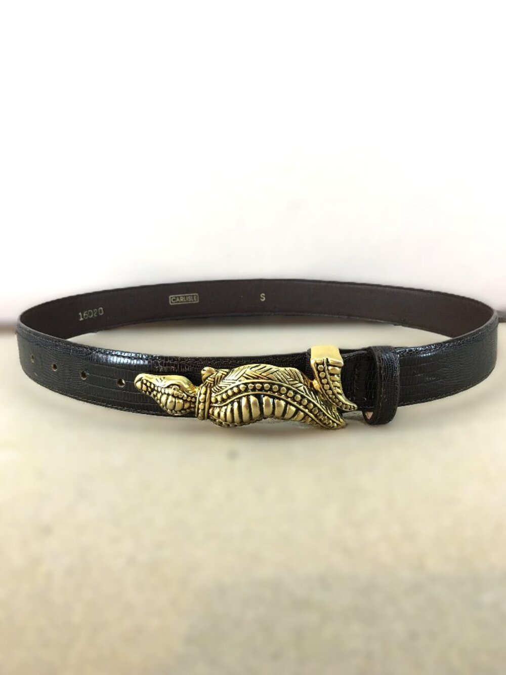 Vintage CARLISLE Alligator Buckle Belt - size small 🐊 Reptile Embossed 80s - Picture 3 of 15